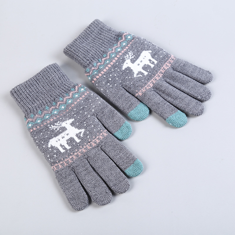 Wholesale Adult Winter Warm Fleece-Lined Thickened Knitted Gloves Elk Christmas Tree Jacquard Touch Screen Gloves 