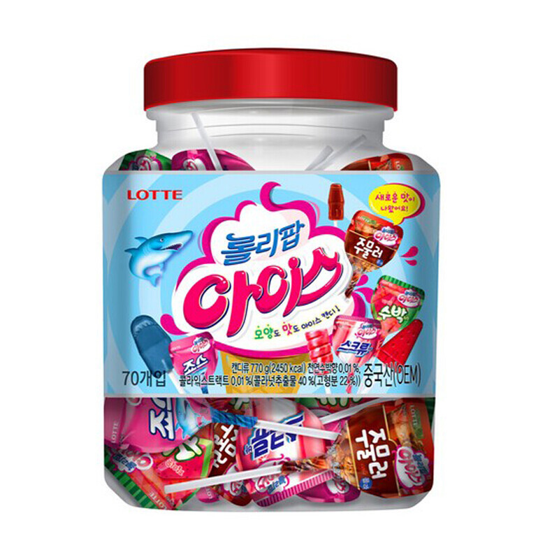 韩国乐天洛丽波冰淇淋棒棒糖4种味整桶660g 糖果大量批发儿童零食