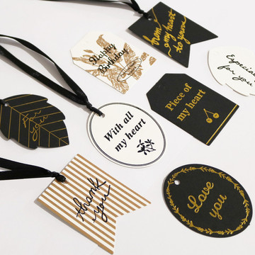 黑白烫金吊牌烘焙包装袋装饰卡片 礼品盒 thank you 挂牌4枚一张