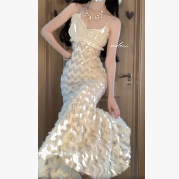 人鱼公主亮片包臀鱼尾裙吊带连衣裙女夏生日礼服裙高级感裙子长裙