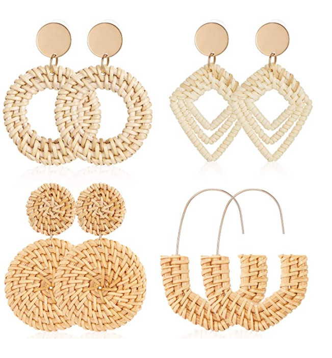 Ethnic Style Retro Geometric Vine Hand-Woven Earrings Europe and America Cross Border Beach Style Exaggerated Rattan Earrings