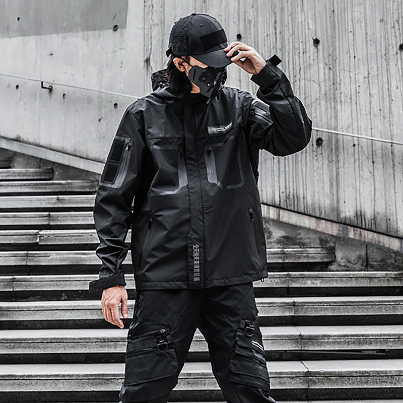 21春秋款暗黑机能风战术冲锋衣男宽松多口袋连帽夹克机能工装外套