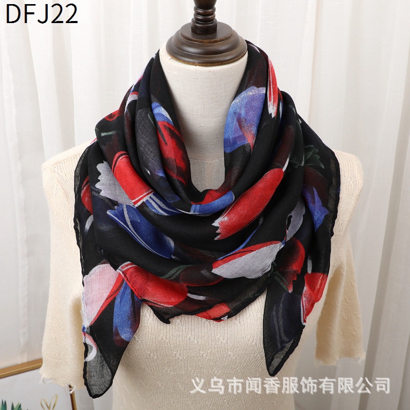 Women's Printed Scarf Retro Easy Matching 90 Large Kerchief Shawl Voile Cotton and Linen Warm Sunscreen Scarf Closed Toe Scarf