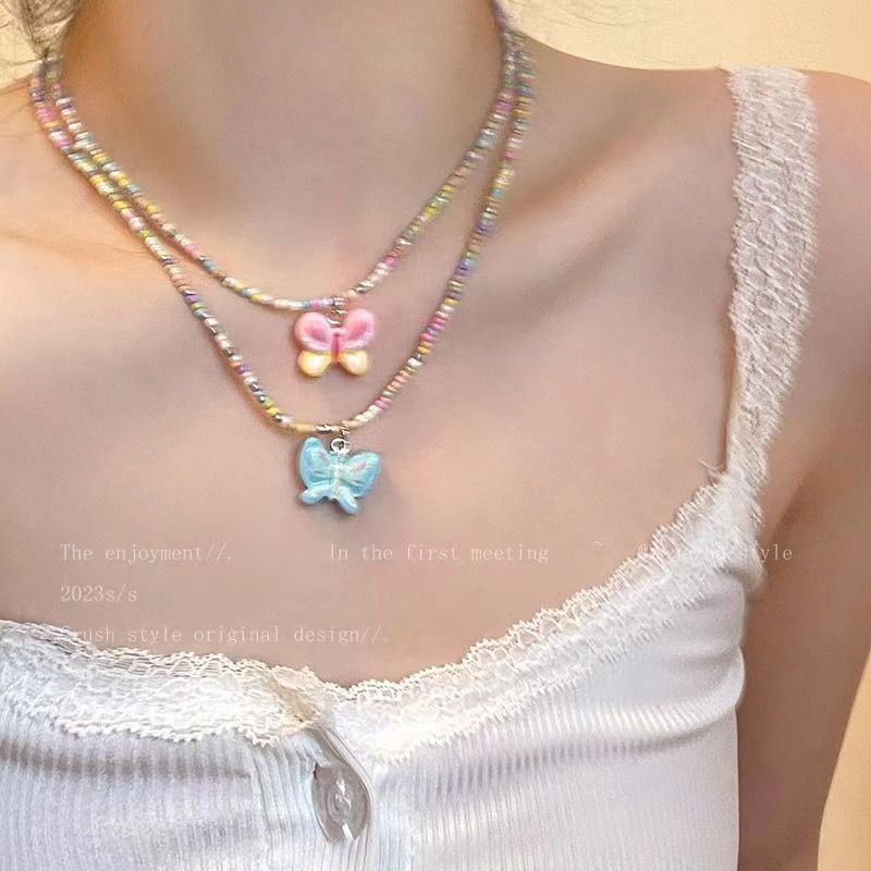 Chic Elegant ~ Colorful Beaded Butterfly Necklace Female Summer Sweet Elegant Accessories Clavicle Chain Tide