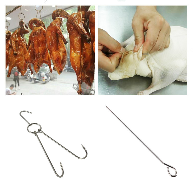 不锈钢烤鸭钩子挂钩双钩商用牛肉钩钢短丁字钩叉烧针烧腊工具包邮