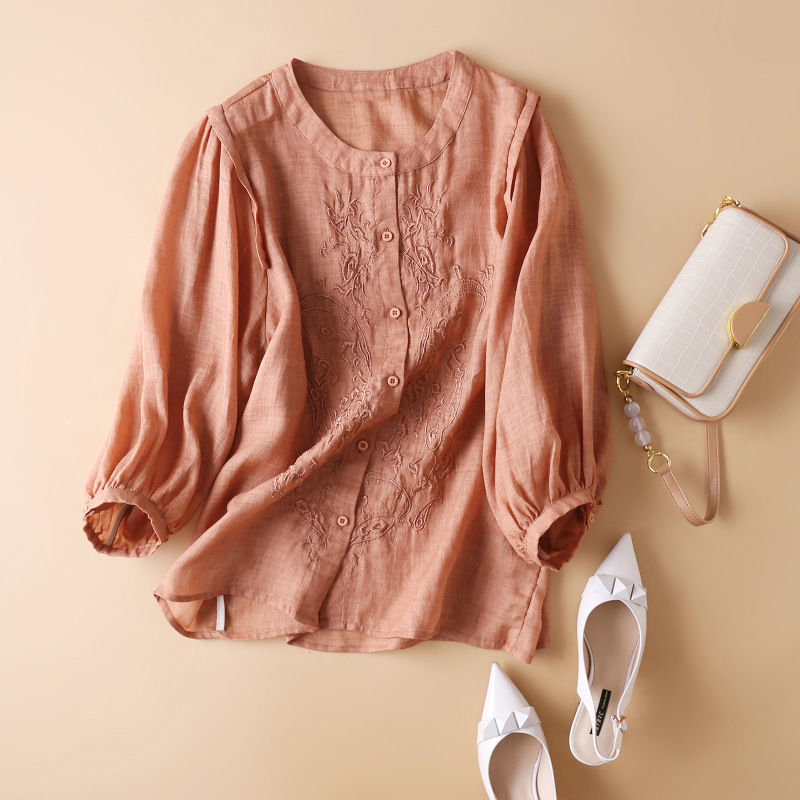 日系棉麻上衣女夏季文艺复古刺绣七分袖圆领衬衫棉麻短款复古小衫