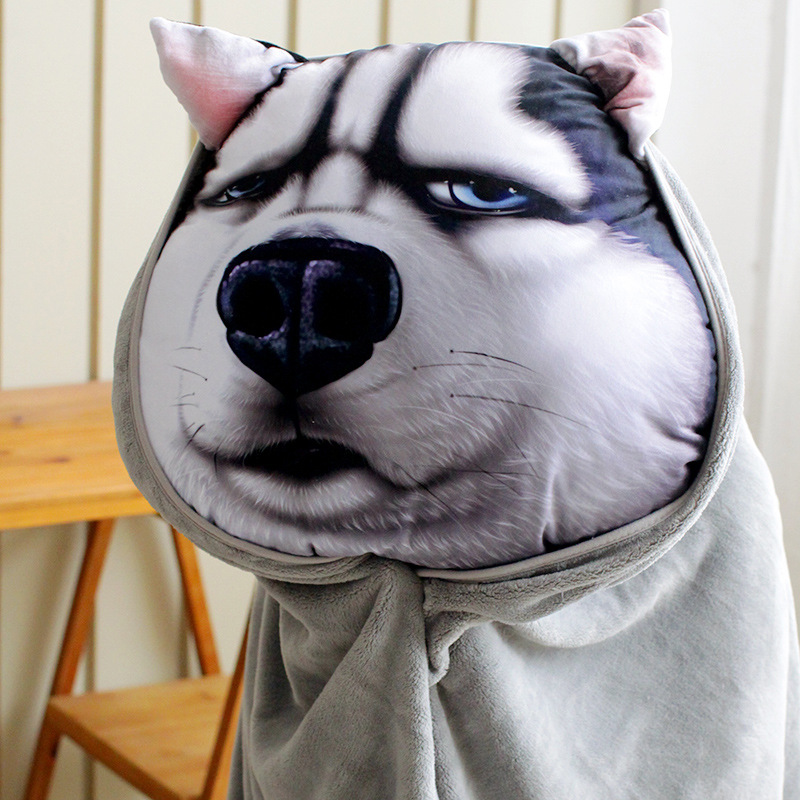 冬季搞怪搞笑狗头午睡小枕头哈士奇二哈暖手抱枕被子两用靠垫毯子