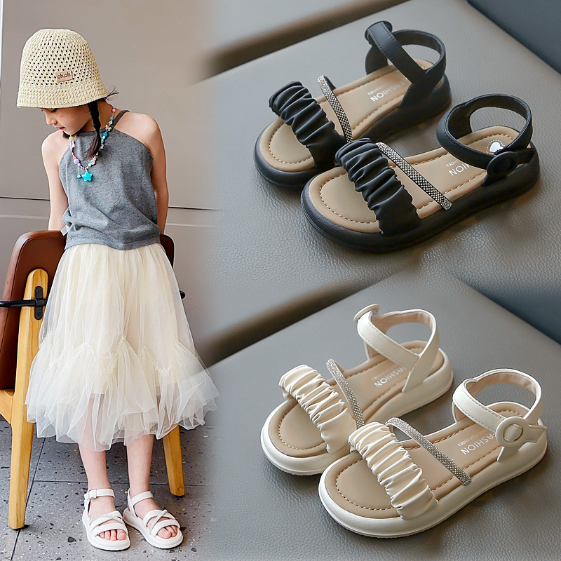 children‘s fairy style sandals 2024 summer new girls‘ fashion rhinestone soft bottom princess little girl beach sandals