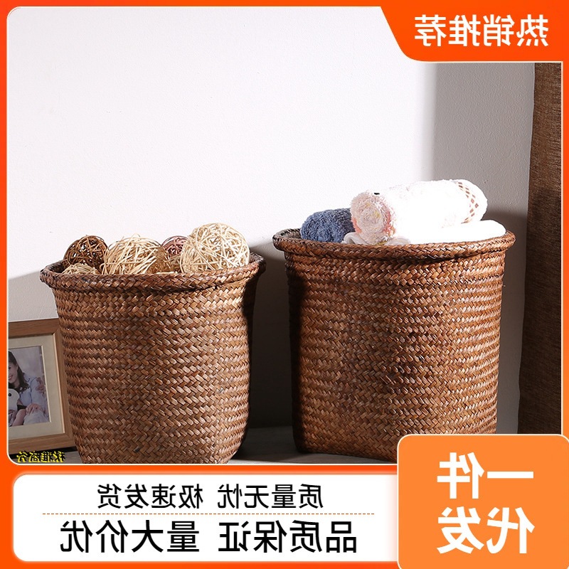 桶垃圾草编草编花篮藤无盖花盆织花纸篓篓收纳编织圆形收纳筐玩具