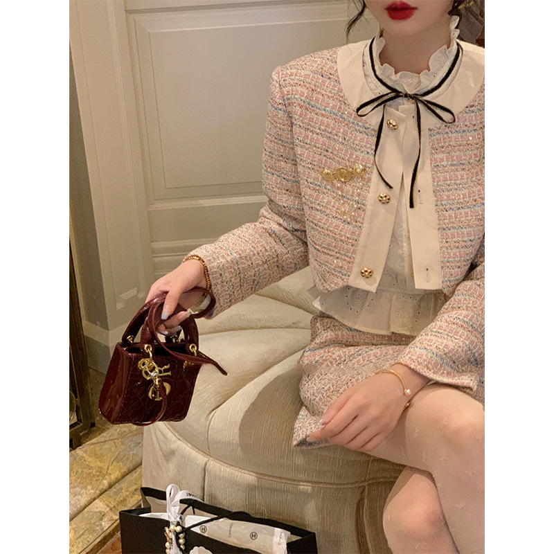 法式时髦甜蜜miu系 马卡龙小香风套装小个子气质名媛两件套可代发