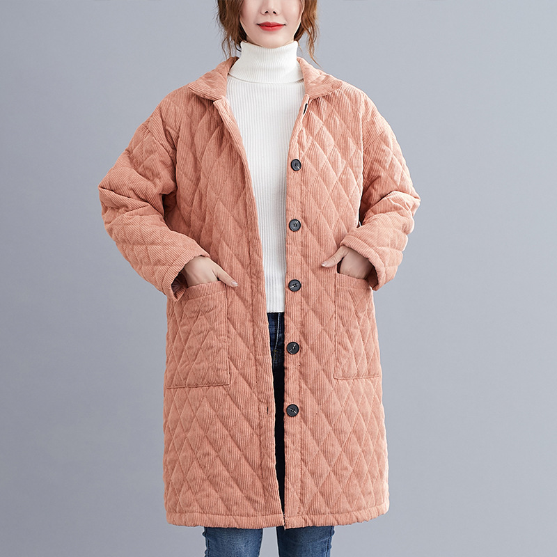 中长款棉衣夹丝棉加厚冬装2021新款纯色灯芯绒胖mm大码休闲外套女