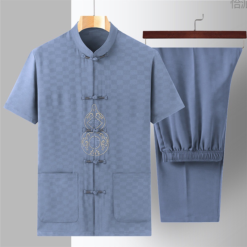 中国风男装夏季唐装男短袖套装中老年加大码盘扣爸爸装夏装-阿里巴巴