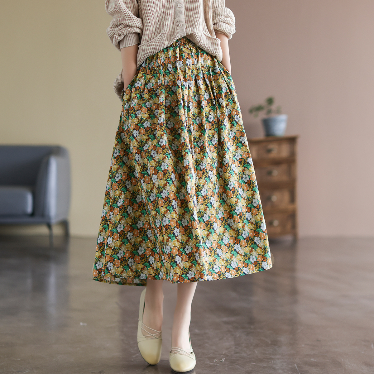 田园风高腰大码半身裙女士2022春季新款文艺复古棉质碎花a字裙子