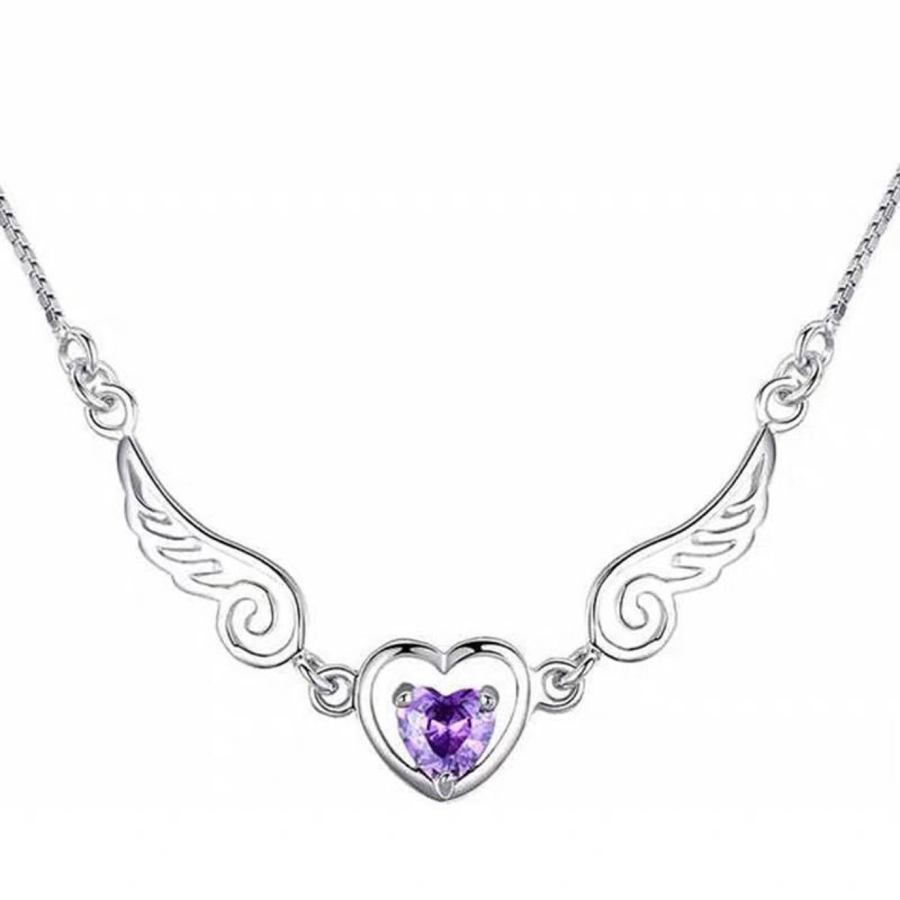 美式复古爱心紫钻锁骨链vintage天使翅膀项链