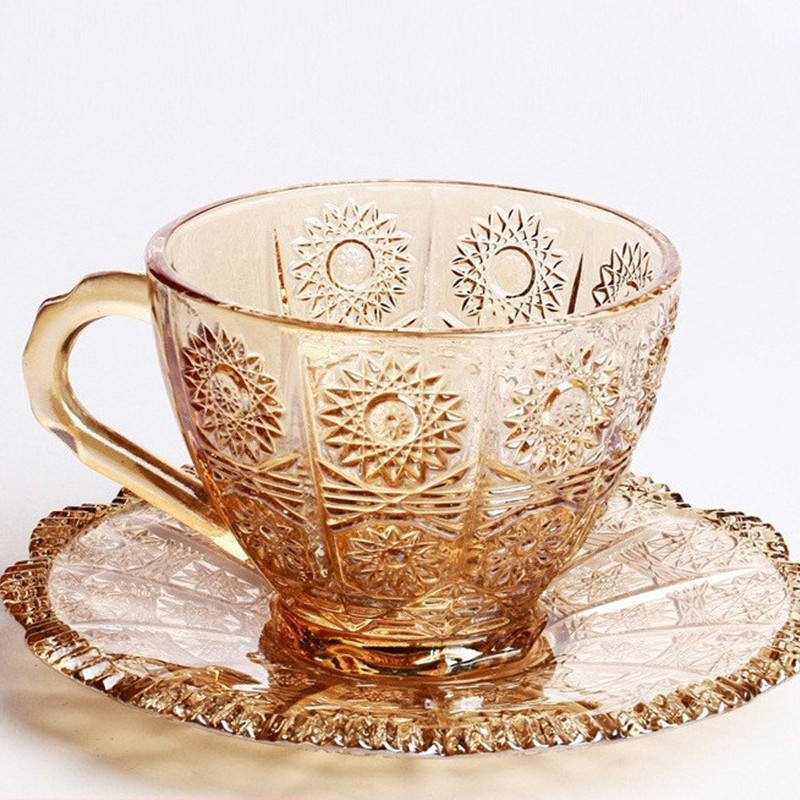 European-Style Vintage Embossed Golden Edge Amber SUNFLOWER Breakfast Cup Coffee Cup Water Cup Glass Cup Set Wholesale