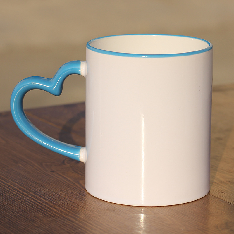 Heart-Shaped Handle Double Color Coated Cup Sublimation Color Mouth Color Handle Ceramic Mug Blank Thermal Transfer Supplies Wholesale