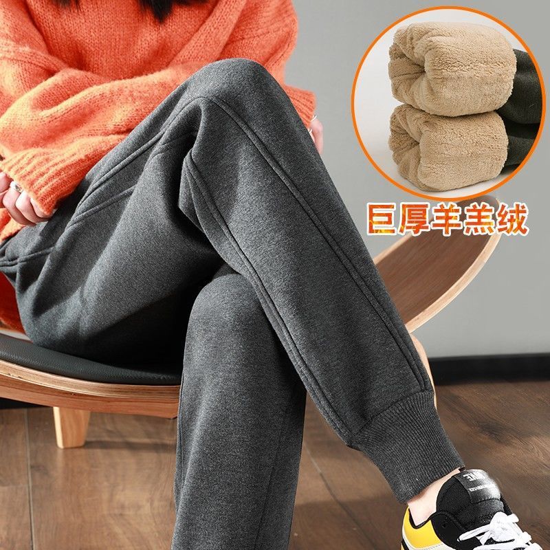 加绒加厚运动裤女冬季宽松束脚卫裤一体绒羊羔绒外穿女裤秋冬裤子