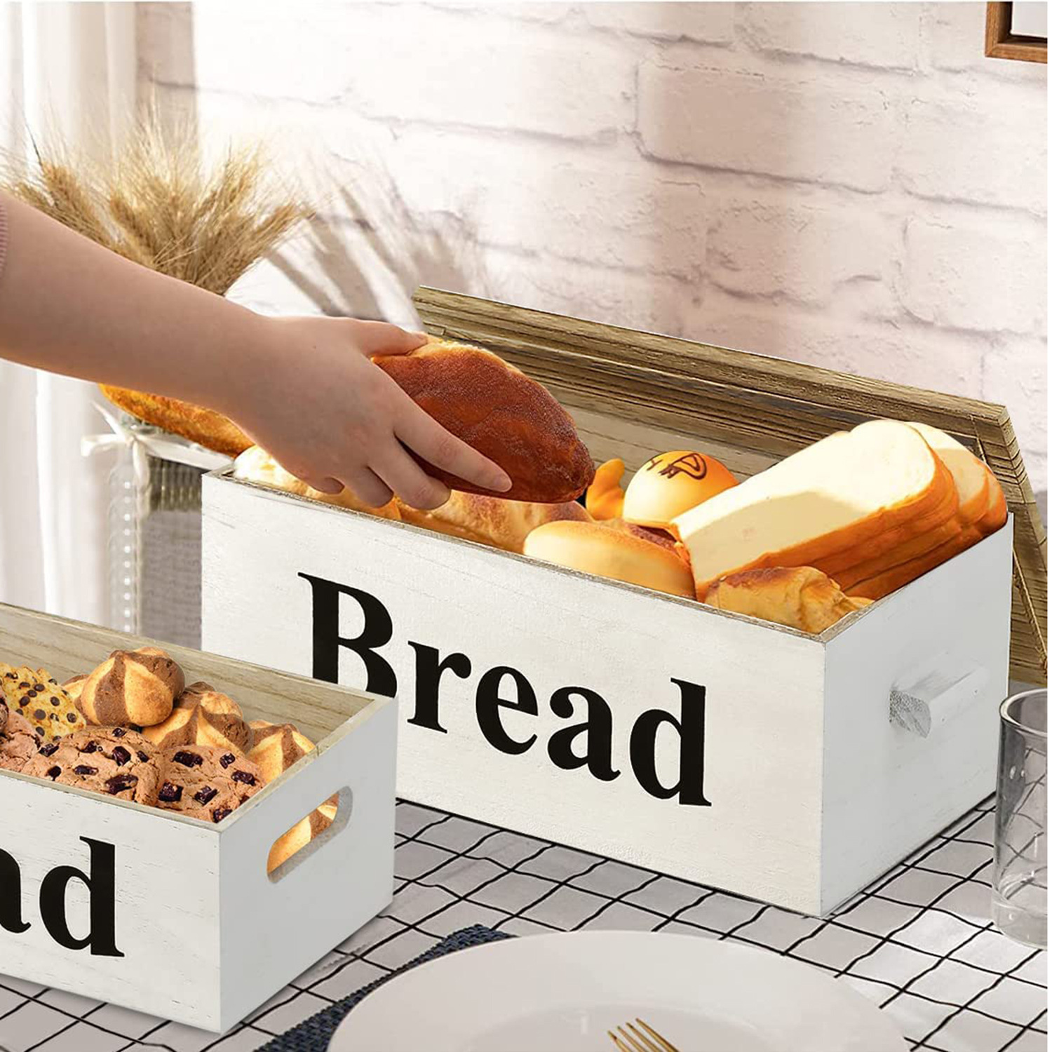 Wooden Nordic Instagram Style Kitchen Bread Box Food Sealed Box Wooden Bread with Lid Storage Box Two-Piece Set