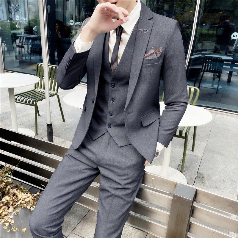 西服套装男士三件套韩版修身休闲商务正装结婚新郎礼服纯色小西装