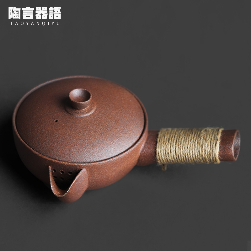 复古粗陶老岩泥宽口侧把煮茶壶中式围炉炭火电陶炉小号烧水单壶