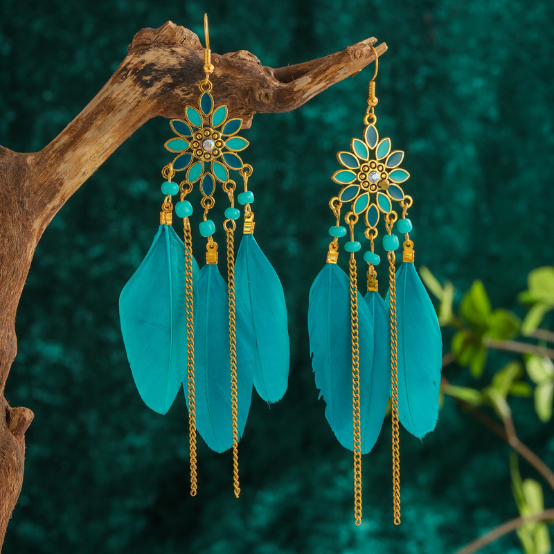 Daisy New Yunnan Feather Earrings Jewelry Long Chain Bead Earrings Ethnic Style Holiday Street Snap Earrings