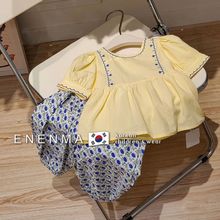 韩国童装2024女童夏季清新套装女孩洋气泡泡袖衬衫碎花裤子两件套