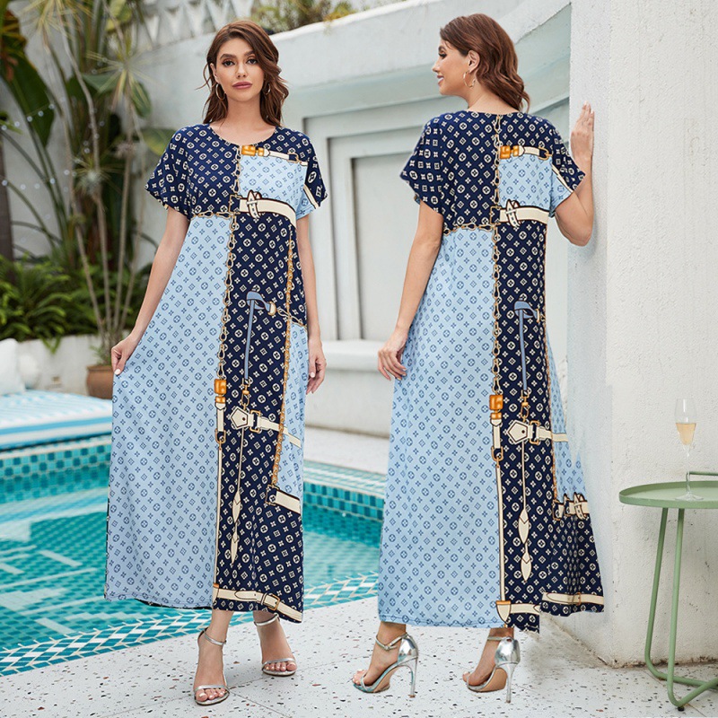 Muslim Women's Wear Middle East Dubai Women's Robe Arabic Long Dress Muslim Dress Short Sleeve Cross-Border Supply