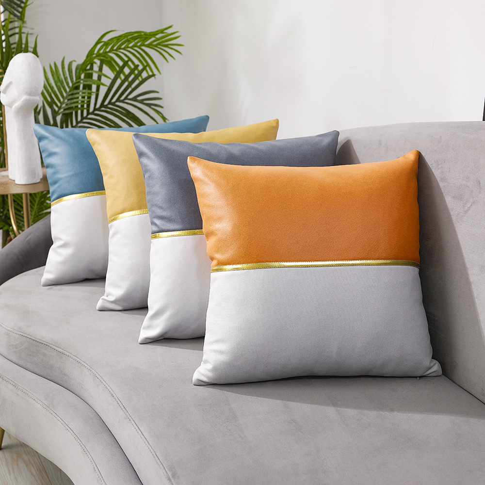 北欧ins风双色拼接轻奢仿皮科技布抱枕套沙发靠垫床头靠垫套批发