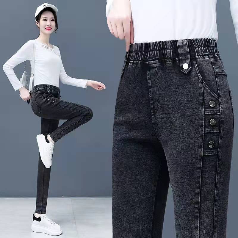 Black Stretch Jeans for Women Spring and Autumn New High Waist Slimming All-Matching Women's Tappered Pencil Pants Trousers Fleece-Lined Thickened