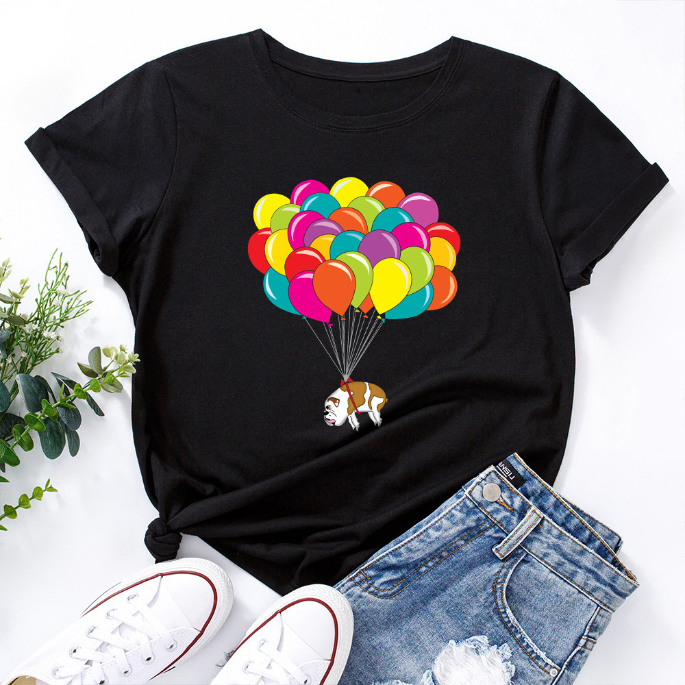 欧美新款女装创意气球图案印花宽松圆领夏季短袖t恤上衣