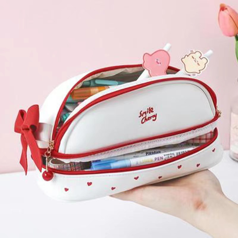 cute girl heart double-layer pencil case ins style simple stationery box large capacity stationery storage bag for junior high school students