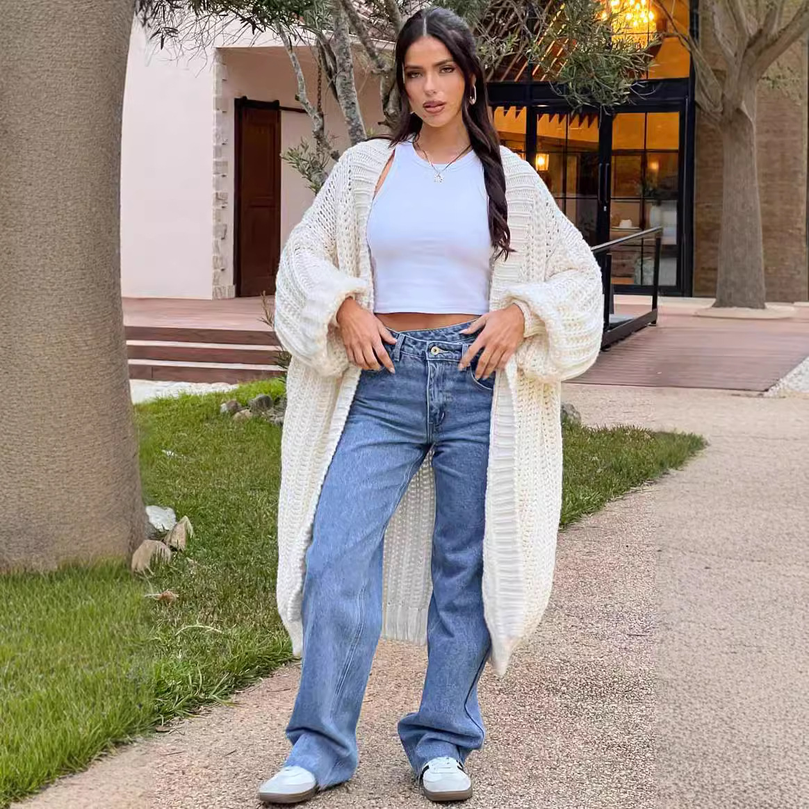 亚马逊外贸时尚灯笼袖长款开衫毛衣2024秋冬新款宽松针织毛衣外套