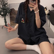 大码韩国ins格子米奇睡衣女夏季短袖梭织家居服套装薄款可爱外穿