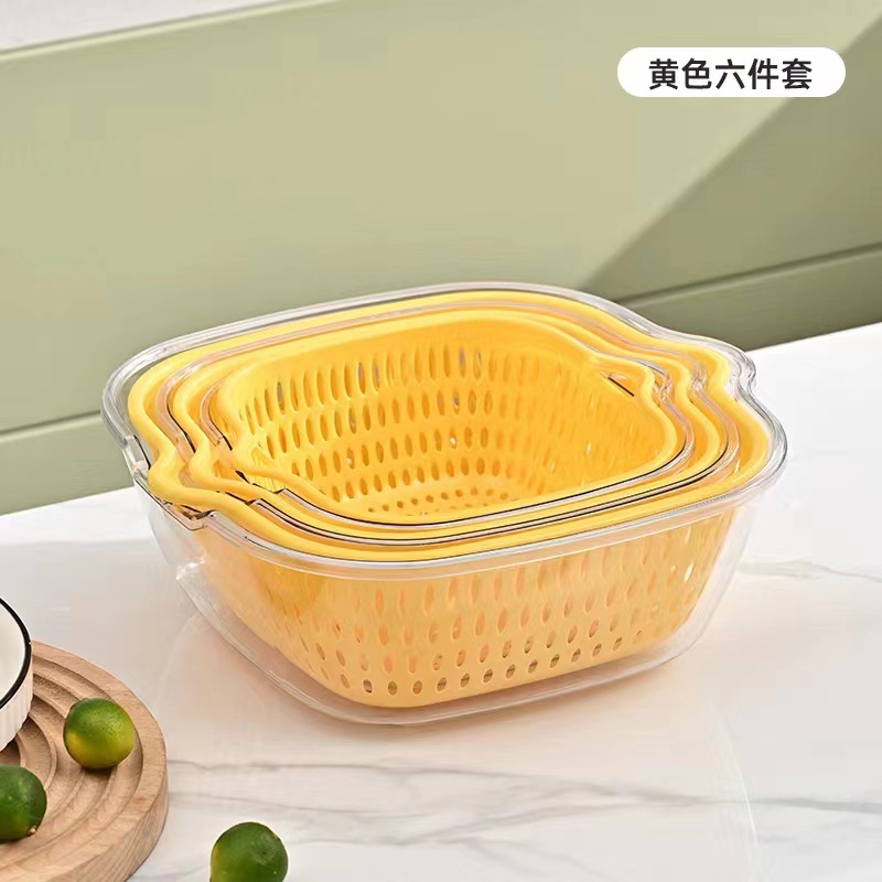 Double-Layer Vegetable Washing Basket Draining Basket Six-Piece Kitchen Living Room Home Washing Fruit Plate Simple Plastic Taobao Vegetable Basket