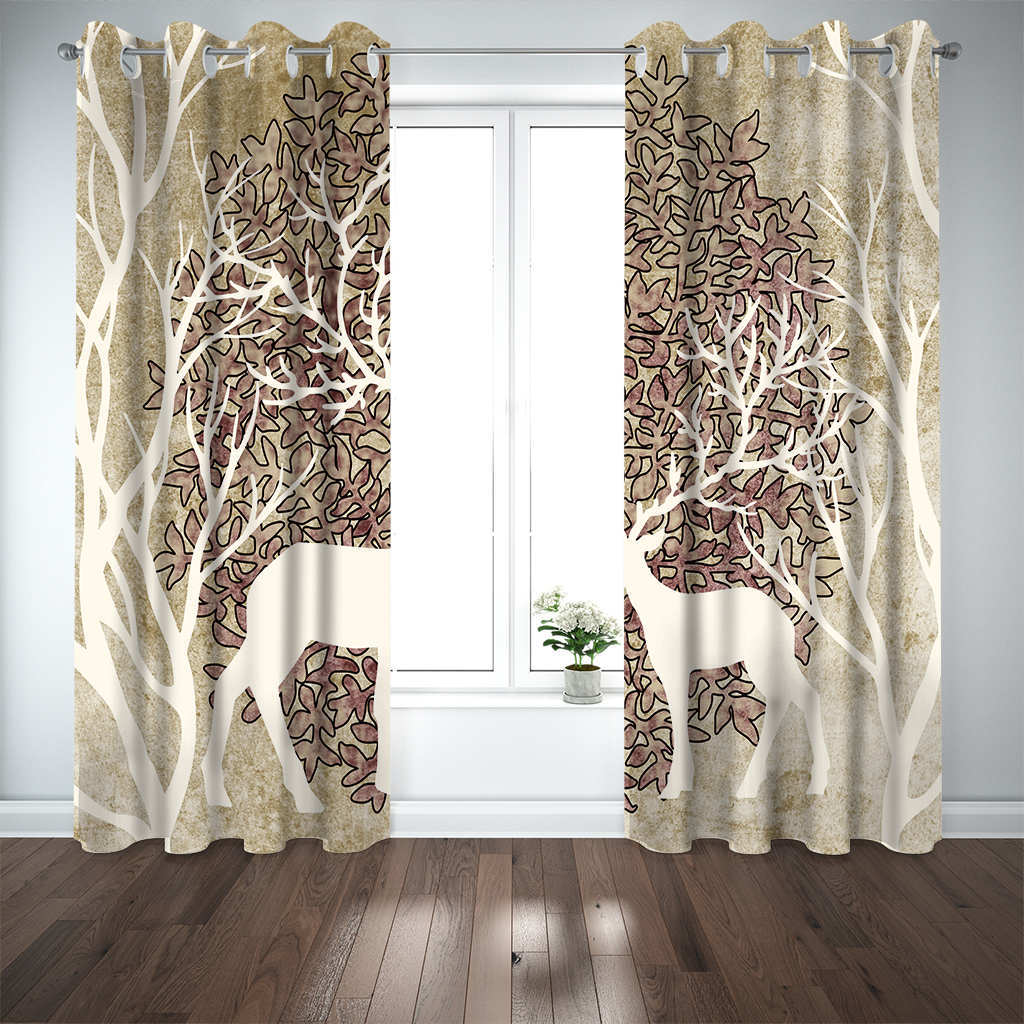 源头厂家3d印花中式窗帘麋鹿树木花鸟水墨画风景窗帘外贸遮光窗帘