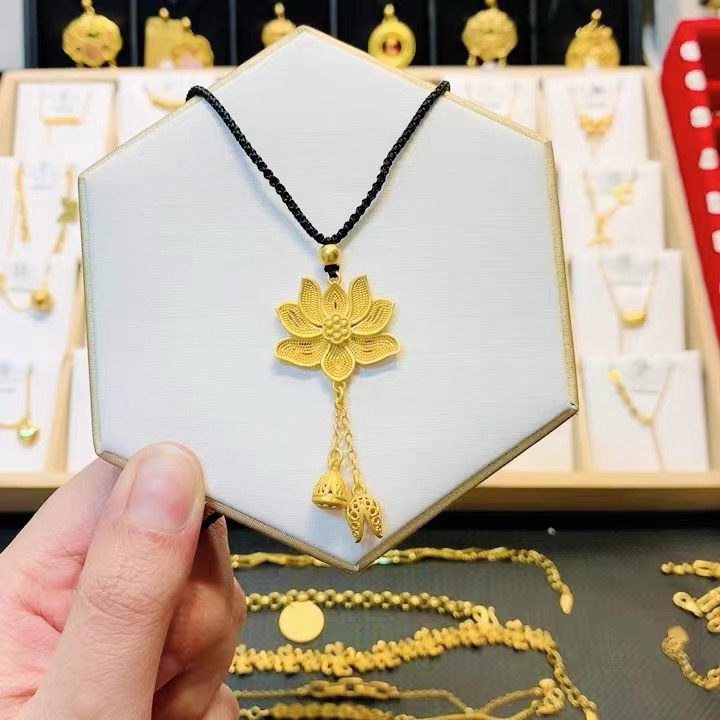 古法沙金999荷花两世欢吊坠项链女黑绳点钻莲花莲蓬挂坠工厂直销