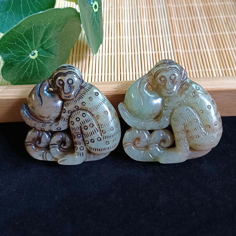 古玩玉器收藏猴子抱桃祝寿吊坠岫玉挂件仿古玉器猴子玉佩吉猴抱桃