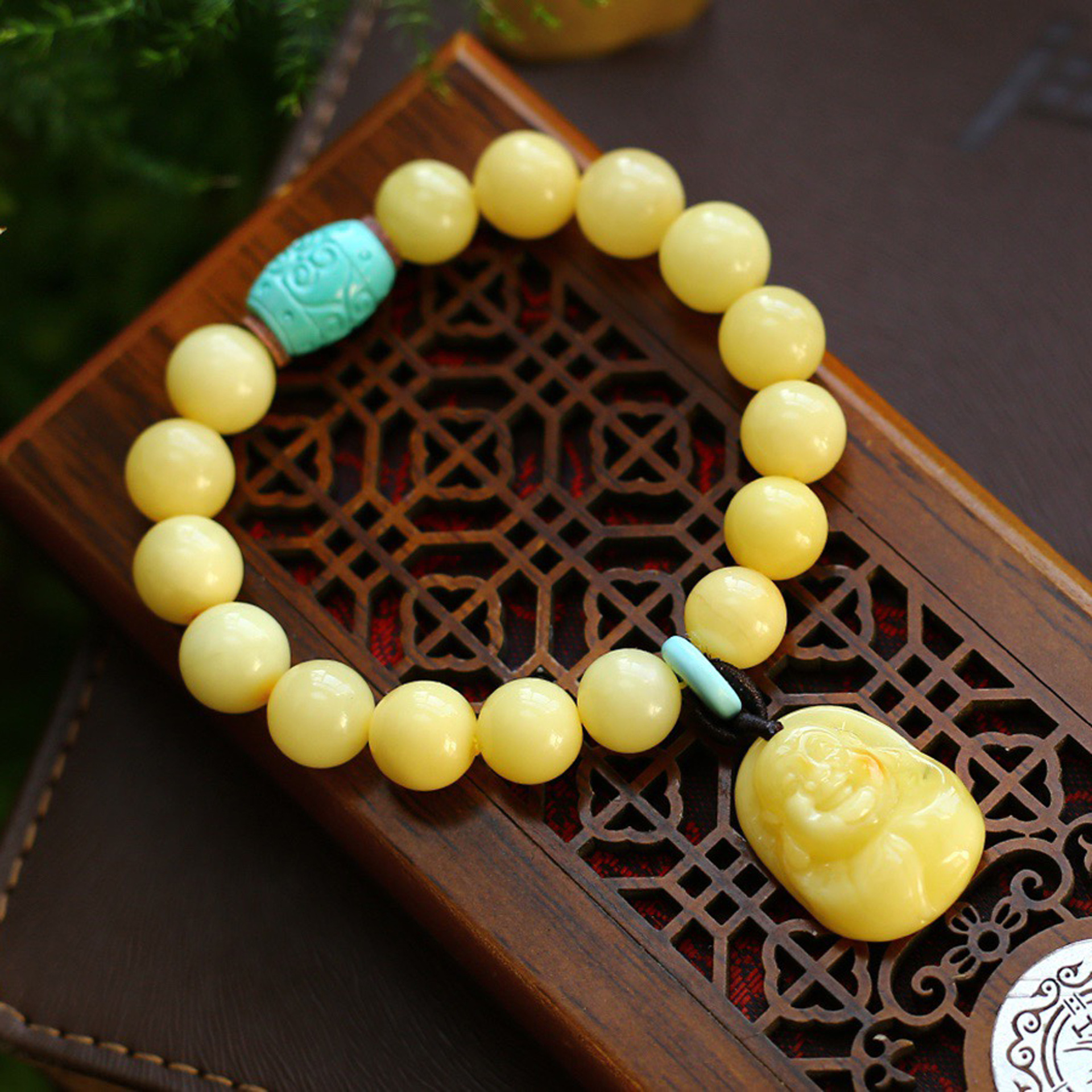 5mm手链大盆绿松配饰点缀天然蜜蜡弥勒佛吊坠