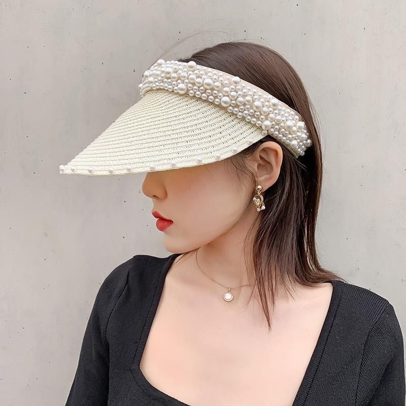 2023 New Straw Hat Women's Summer Handmade Pearl Beach Grass Topless Hat Women's Sun Hat Korean Style Internet Famous Hat