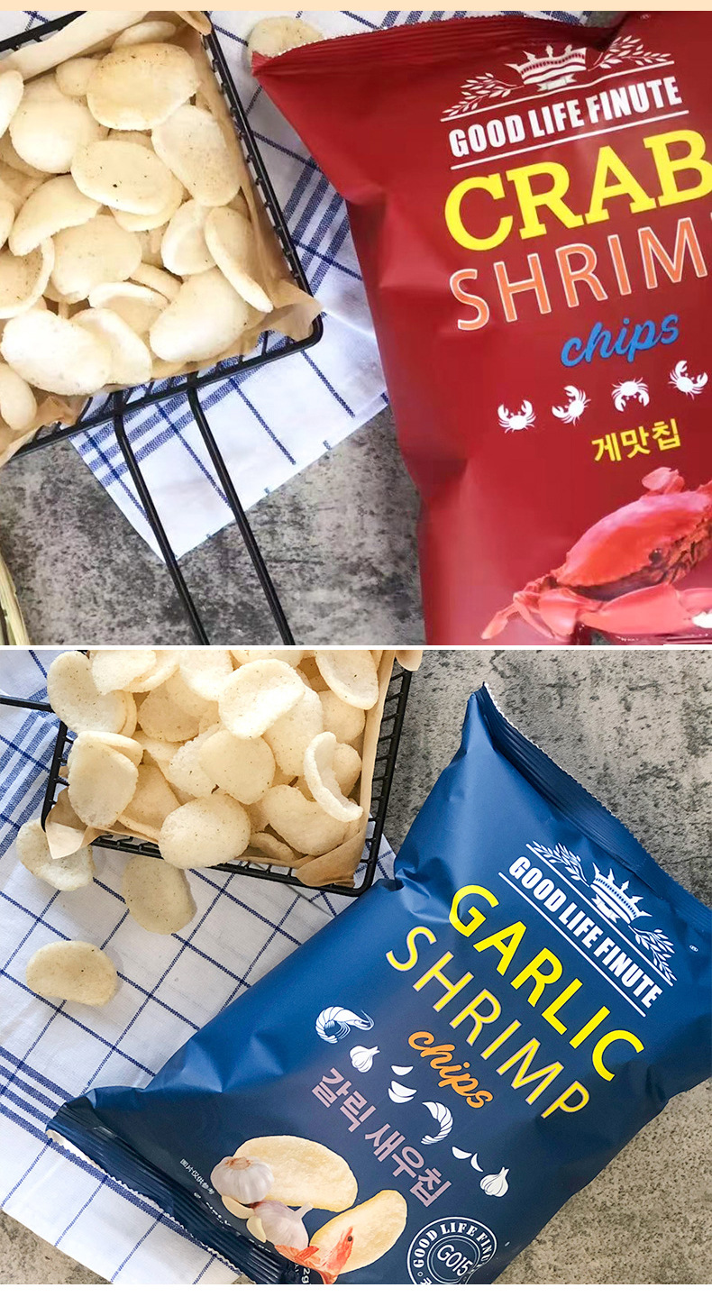 韩国进口趣莱福虾片蒜味蟹味网红鲜虾片膨化薯片82g零食大礼包批