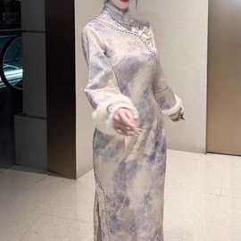 9286#自制厚款针织水貂秋冬旗袍 清宫白羽紫花旗袍