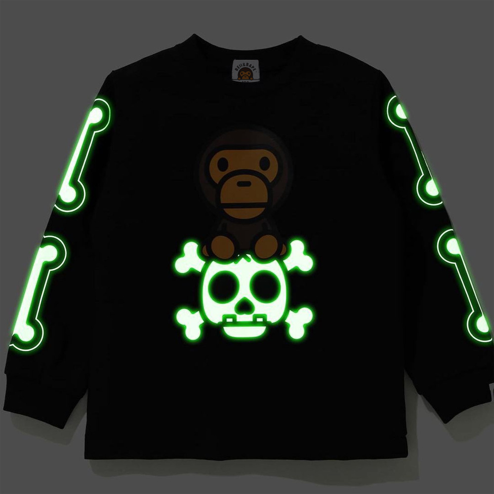 beii&bape夜光潮牌新款猴子骷髅头儿童圆领棉长袖童装加绒卫衣