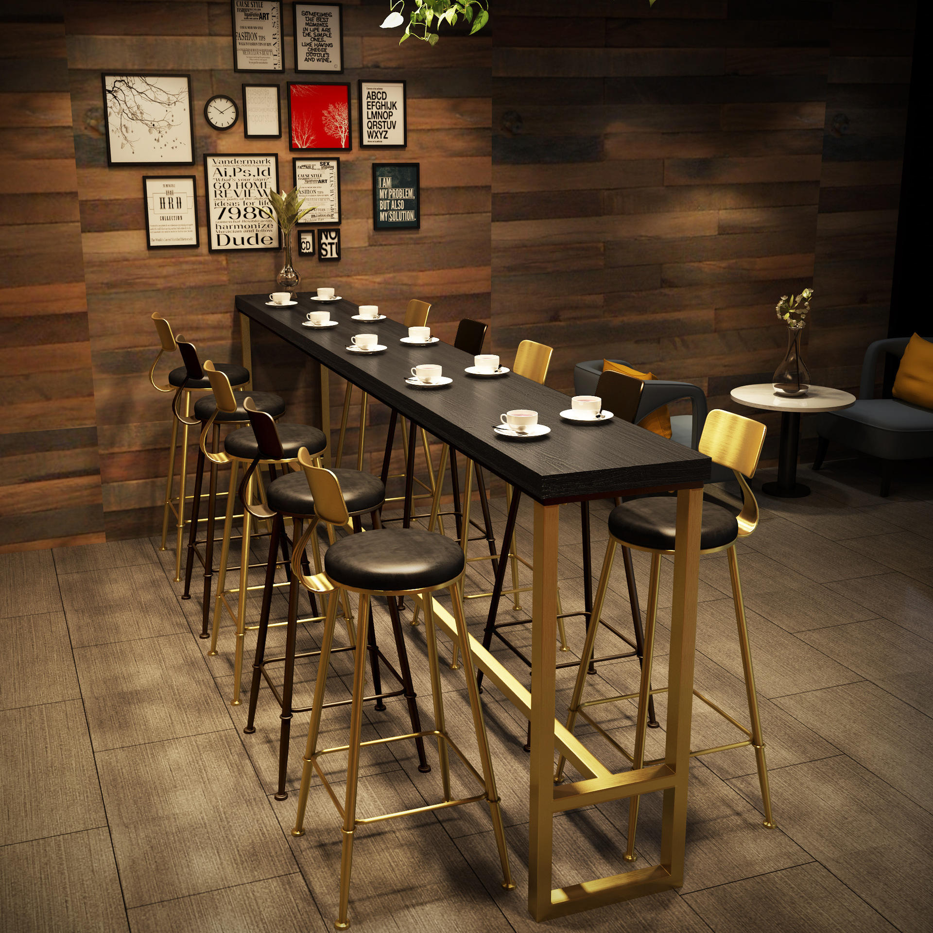 北欧轻奢奶茶店咖啡厅靠墙酒吧台黑金桌椅家用实木铁艺高脚长条桌