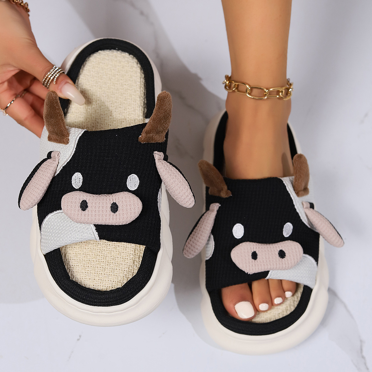 Cross-Border Wholesale Linen Slippers Summer Women's Cow Indoor Non-Slip Deodorant Slip-on Thick-Soled Sandals