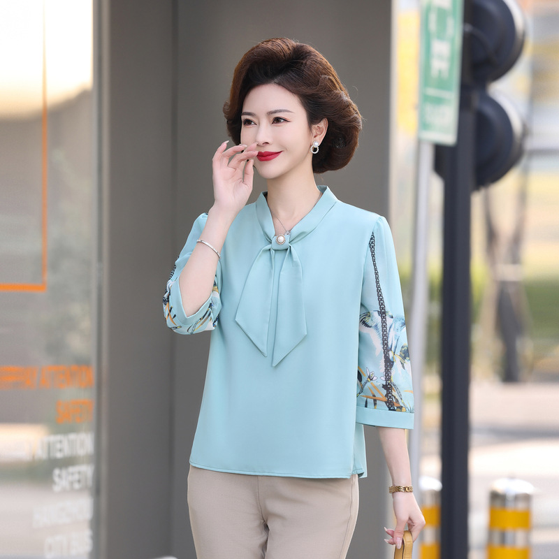 蝴蝶结雪纺衬衫女2024夏天新款中年妈妈时尚夏季洋气中袖上衣小衫
