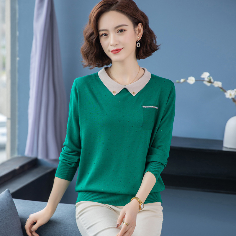 娃娃领针织衫早春上衣长袖打底衫女春秋装薄款中年毛衣女妈妈洋气