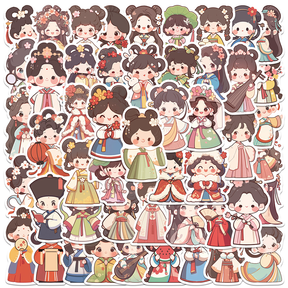 50张可爱古风小人物卡通涂鸦贴纸diy装饰行李箱笔记本电脑贴画