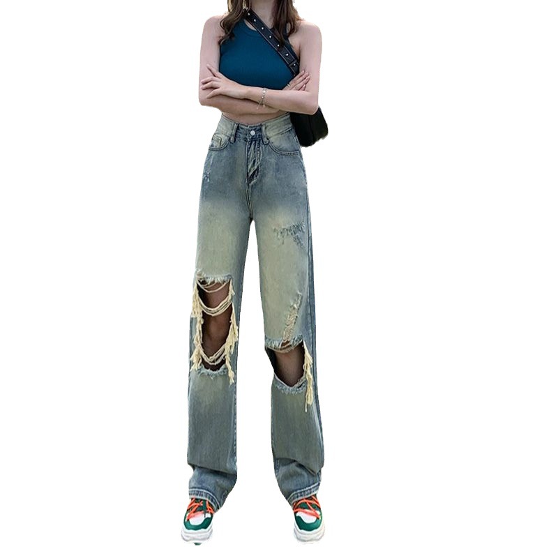 Korean Washed-out Retro Make Old Ripped Wide Leg Jeans Women's Small High Waist Loose and Slimming Straight Mopping Pants