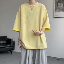 小众破洞短袖t恤男款夏季潮牌潮流设计感五分袖大码宽松半截袖男