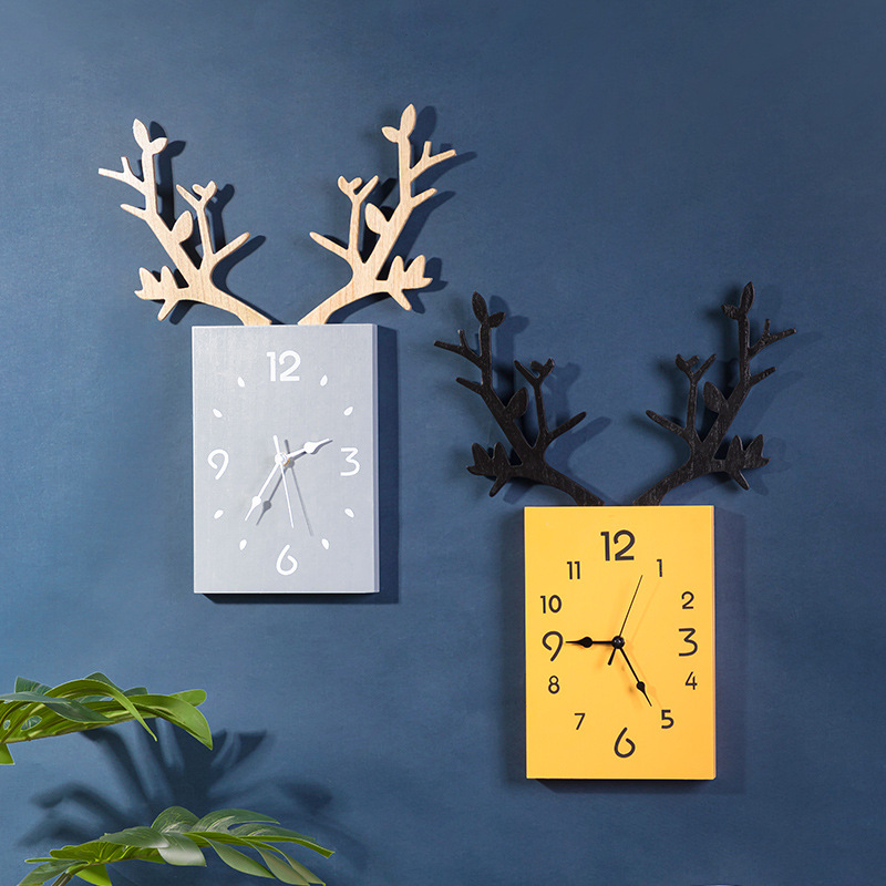 家用免打孔时尚客厅挂钟个性鹿头静音钟表北欧风挂墙装饰-阿里巴巴